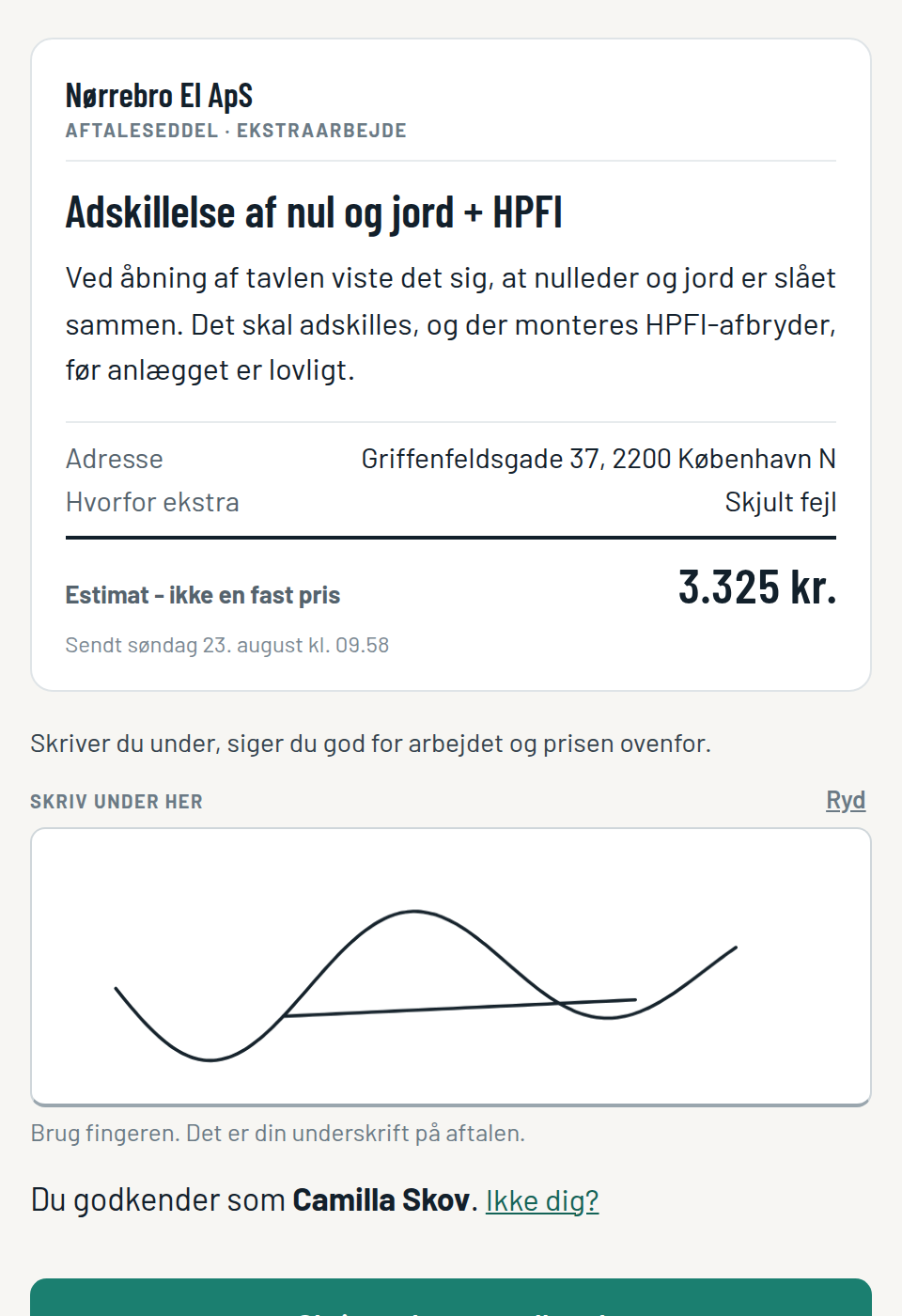 Kundens egen side: aftalesedlen, prisen, og underskriftsfeltet med en underskrift skrevet med fingeren