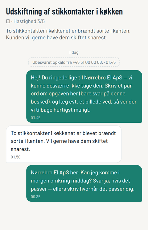 Bekræftet opgave med kundens beskrivelse og hele SMS-tråden i appen