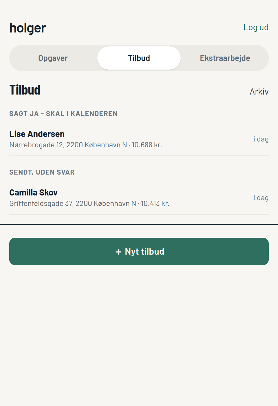 Listen over tilbud: et der er sagt ja til og skal i kalenderen, og et der er sendt uden svar